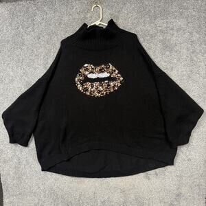 Torrid Sweater Womens 3/4 Plus Black Sequin Leopard Lips Turtleneck Glam Cozy